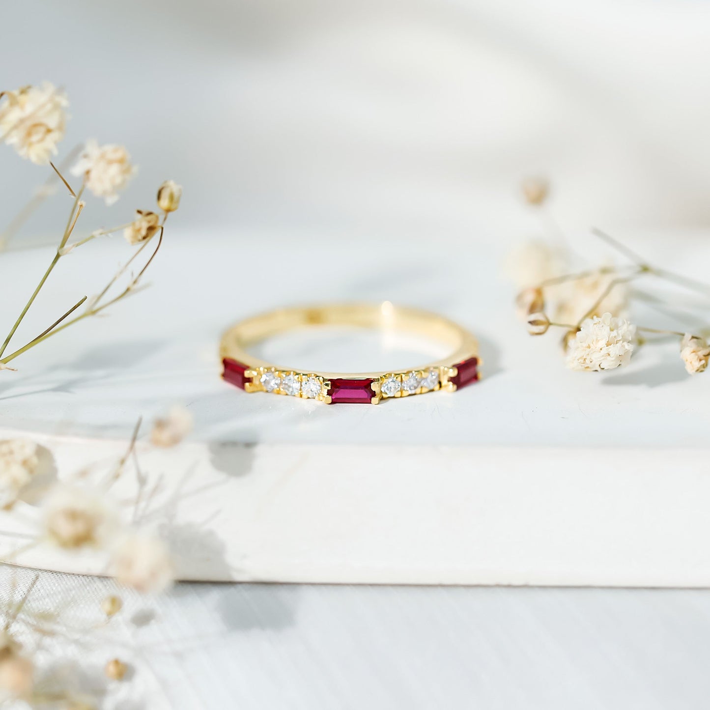 Baguette Cut Lab Grown Ruby Vintage Eternity Band with Diamond