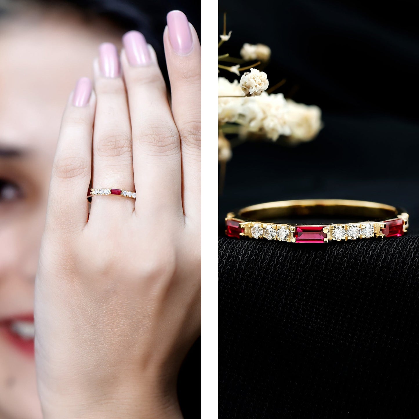Baguette Cut Lab Grown Ruby Vintage Eternity Band with Diamond