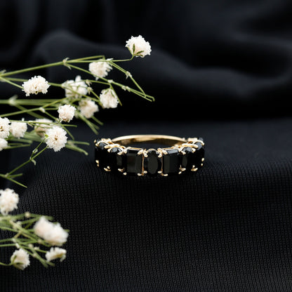 Oval and Emerald Cut Black Onyx Half Eternity Wedding Band