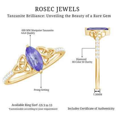 Real Marquise Tanzanite Diamond Engagement Ring with Celtic Knot