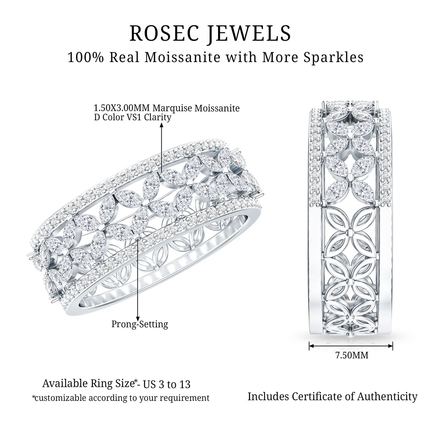 Certified Moissanite Flower Wedding Band for Women