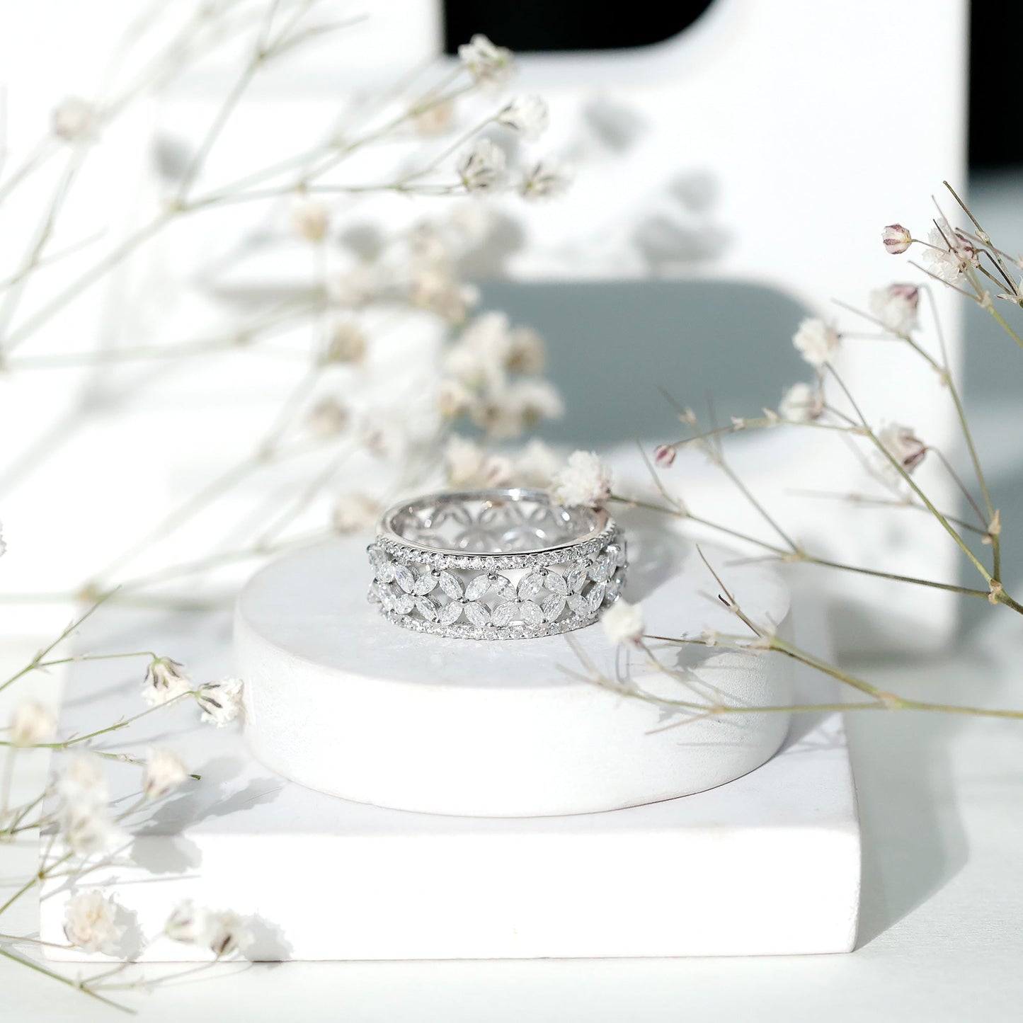 Certified Moissanite Flower Wedding Band for Women