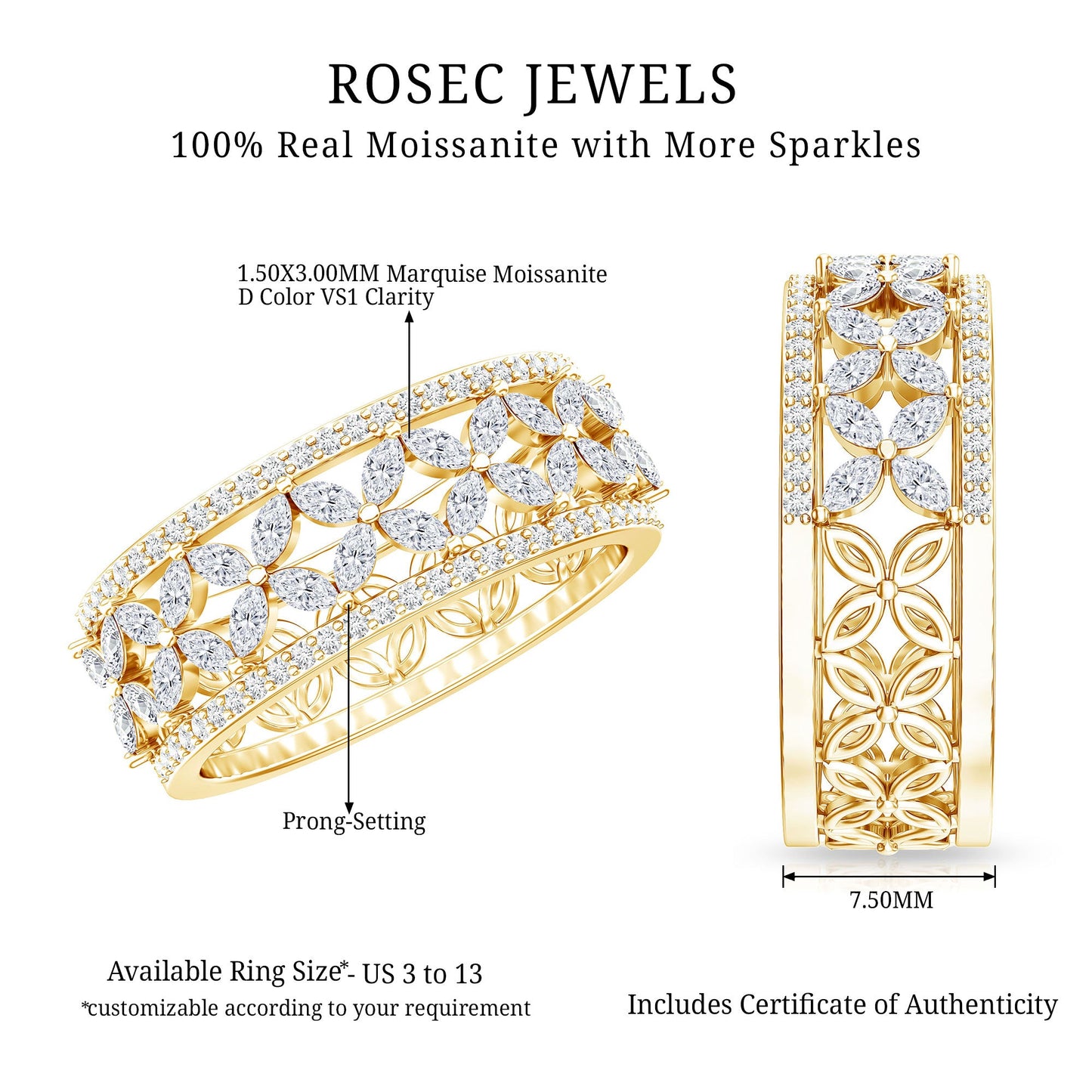 Certified Moissanite Flower Wedding Band for Women