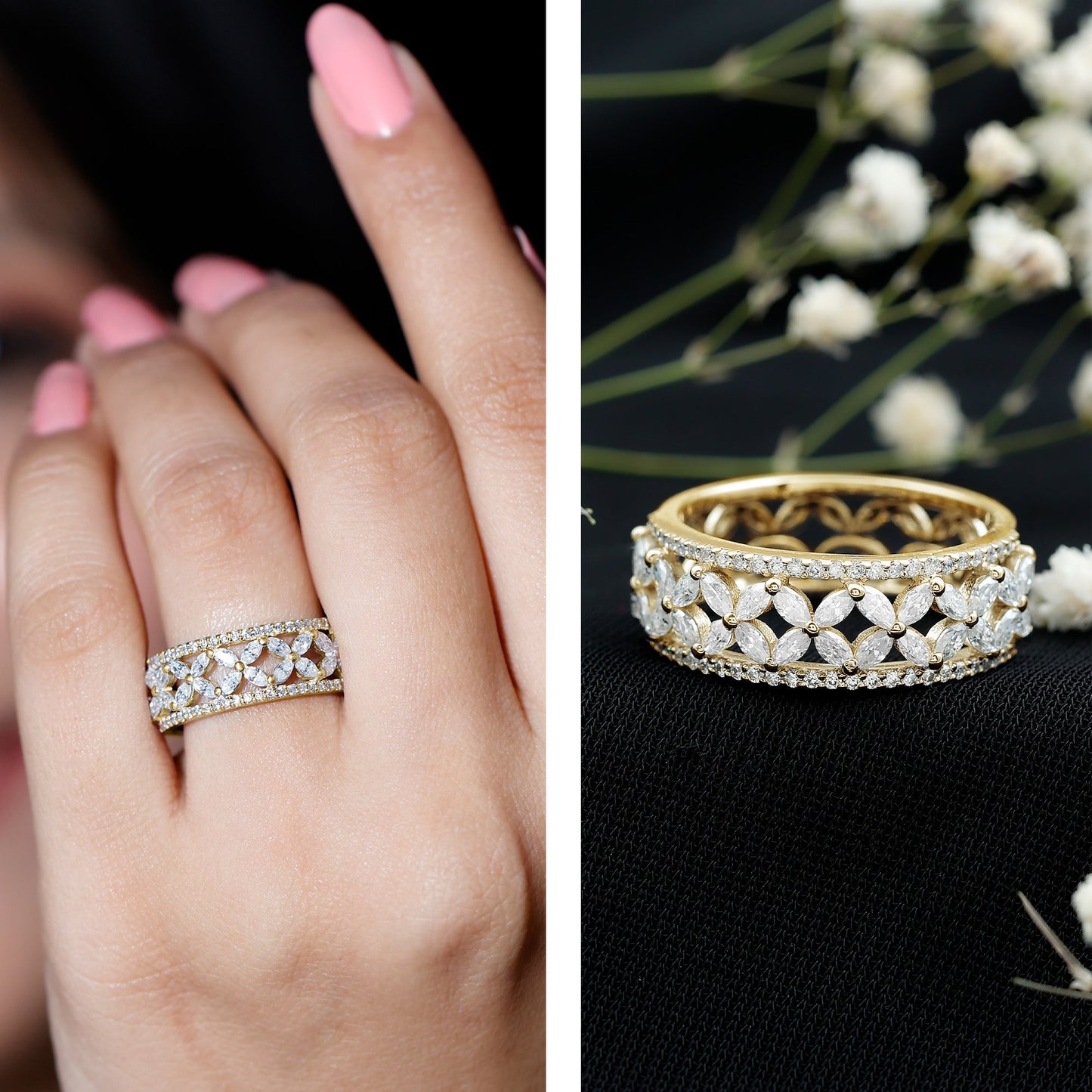 Certified Moissanite Flower Wedding Band for Women