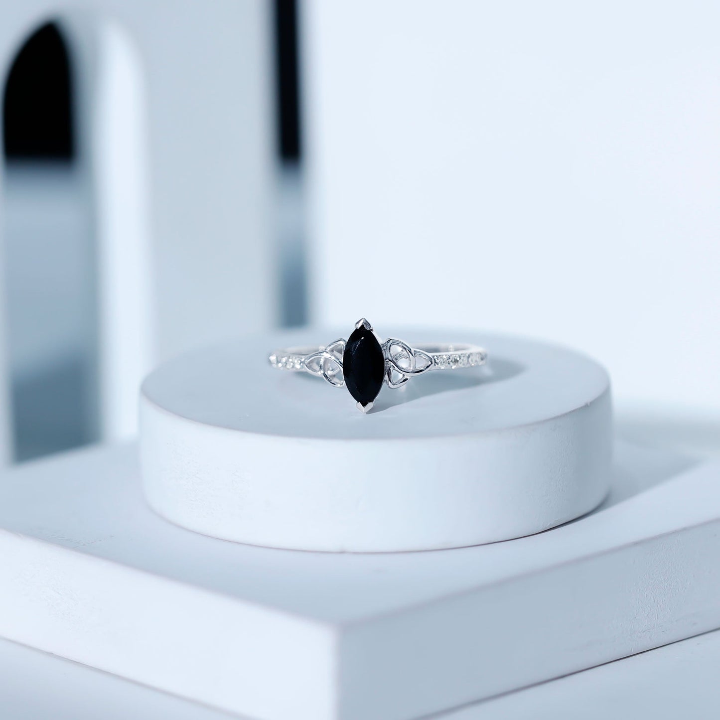 Genuine Black Onyx and Diamond Celtic Design Engagement Ring
