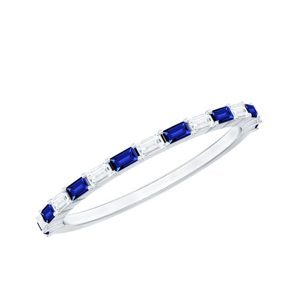 Lab Grown Blue Sapphire Baguette Eternity Ring with Moissanite