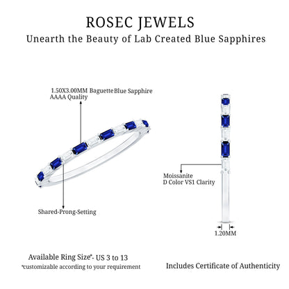 Lab Grown Blue Sapphire Baguette Eternity Ring with Moissanite