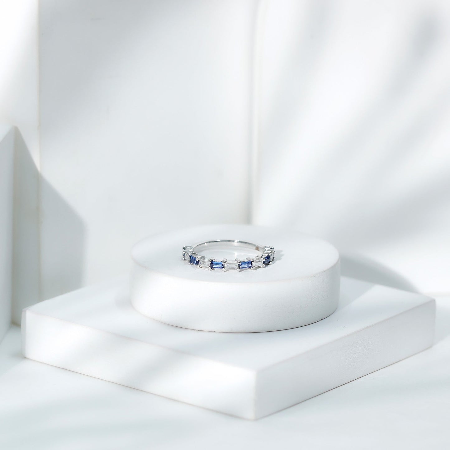 Lab Grown Blue Sapphire Baguette Eternity Ring with Moissanite