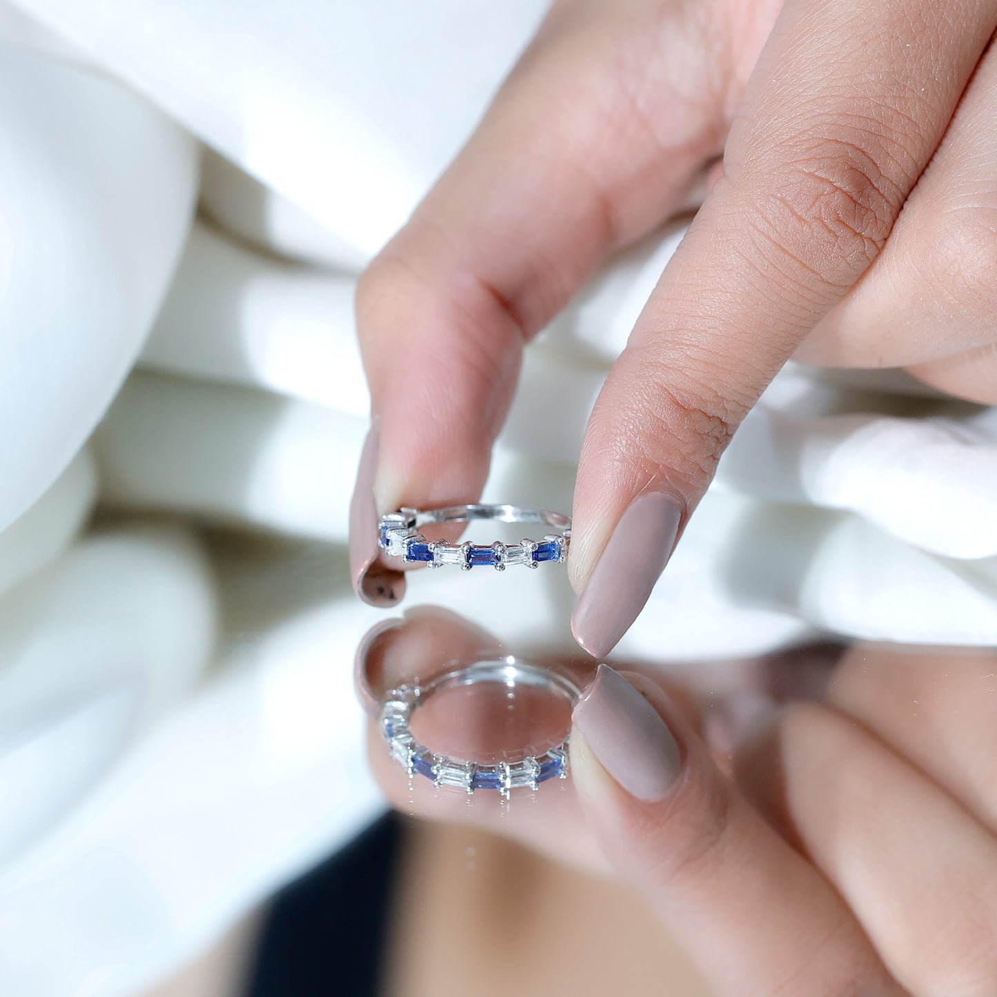 Lab Grown Blue Sapphire Baguette Eternity Ring with Moissanite