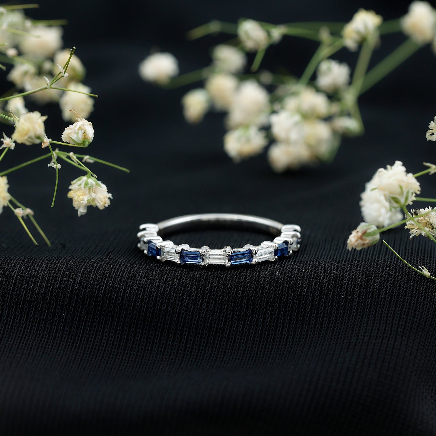 Lab Grown Blue Sapphire Baguette Eternity Ring with Moissanite