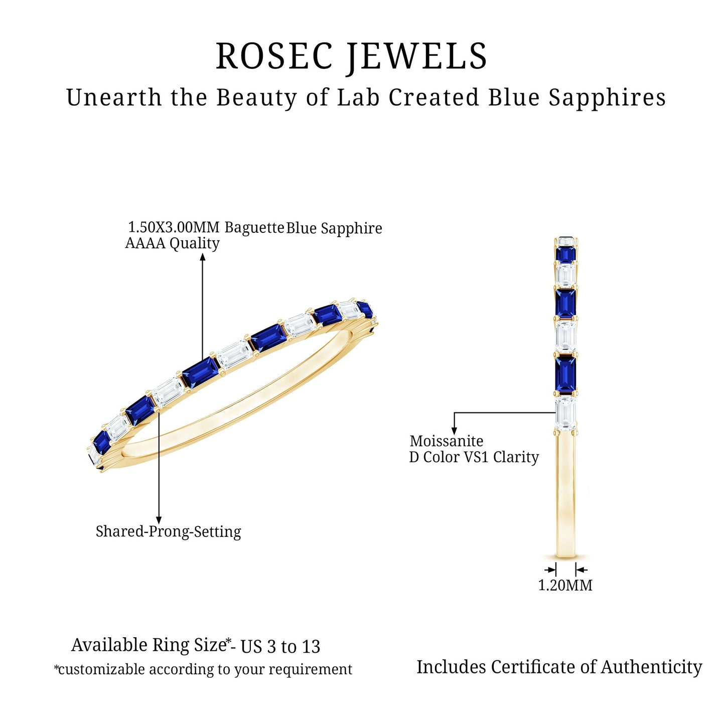 Lab Grown Blue Sapphire Baguette Eternity Ring with Moissanite
