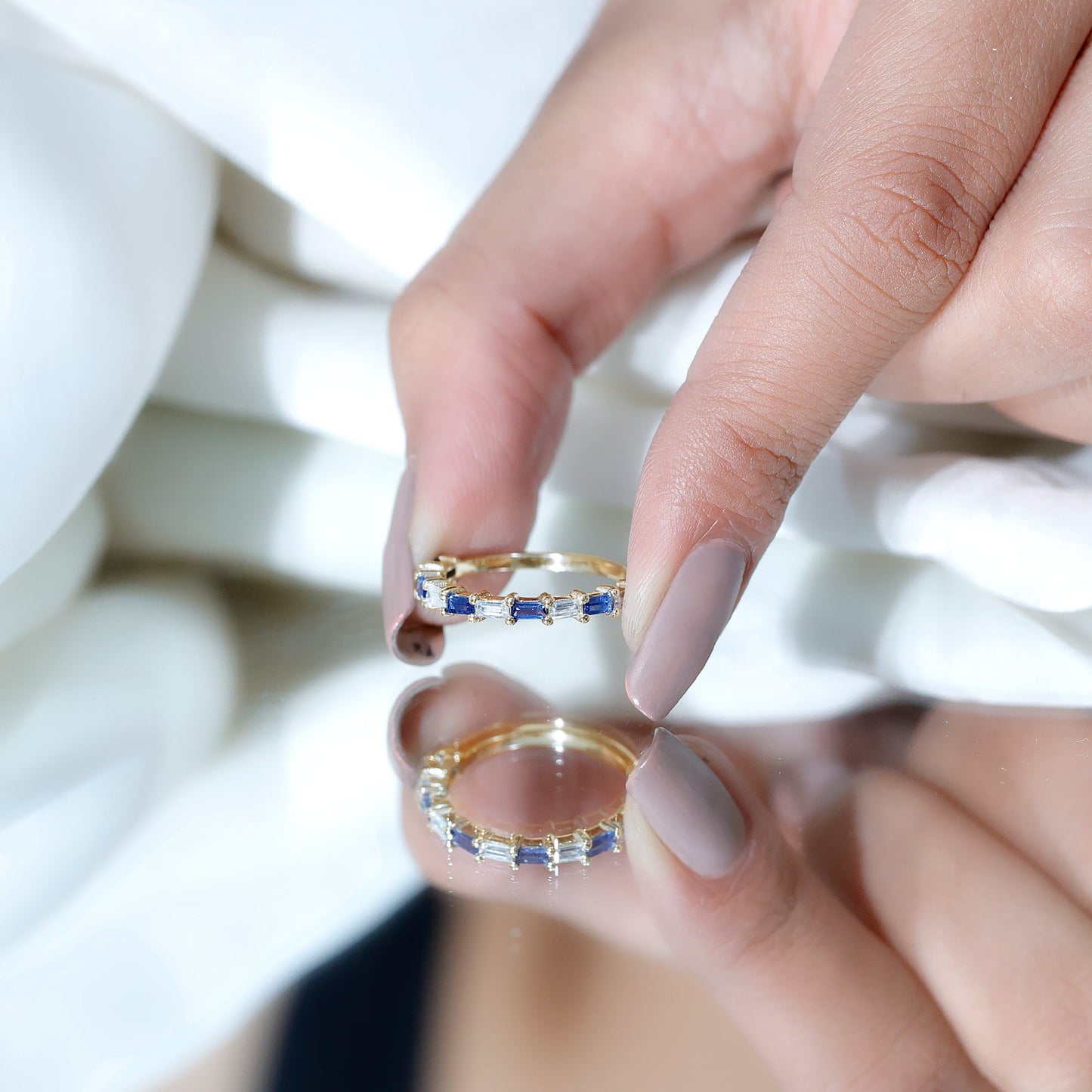 Lab Grown Blue Sapphire Baguette Eternity Ring with Moissanite