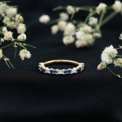 Lab Grown Blue Sapphire Baguette Eternity Ring with Moissanite