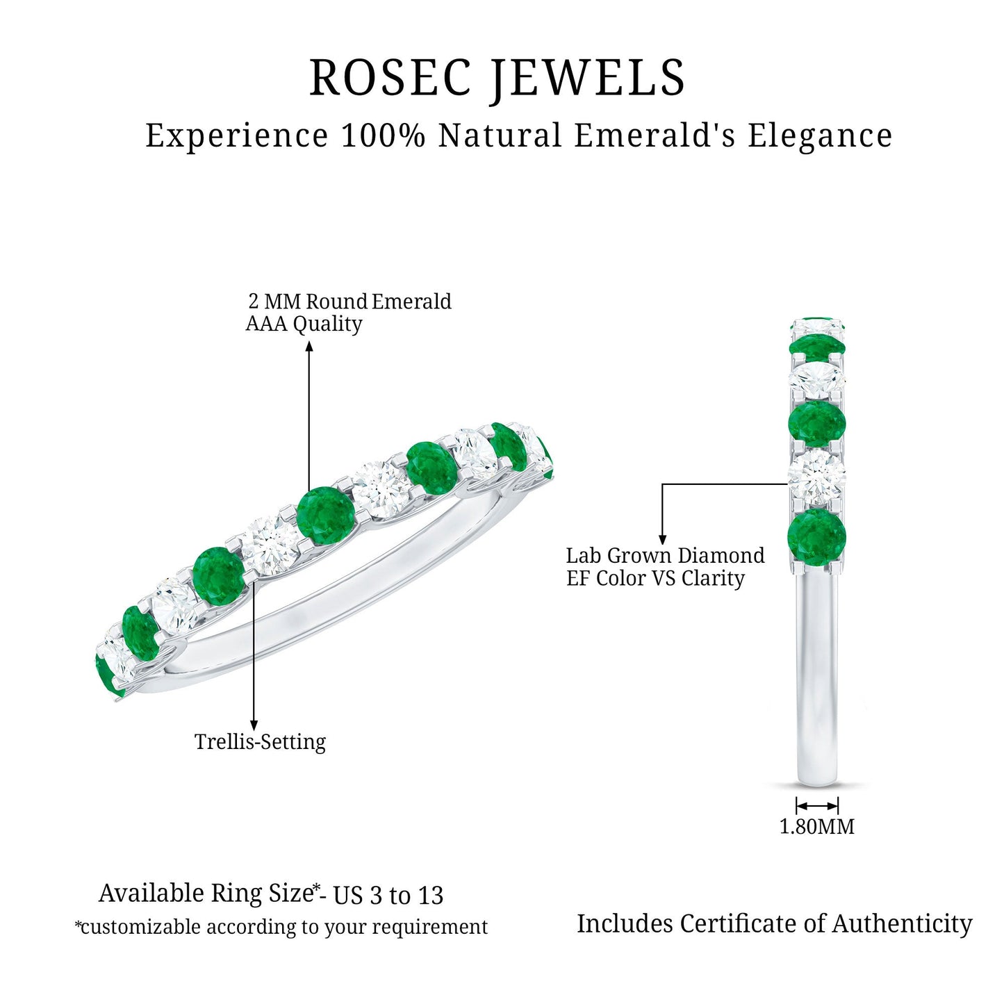 Trellis Set Round Emerald and Diamond Half Eternity Ring