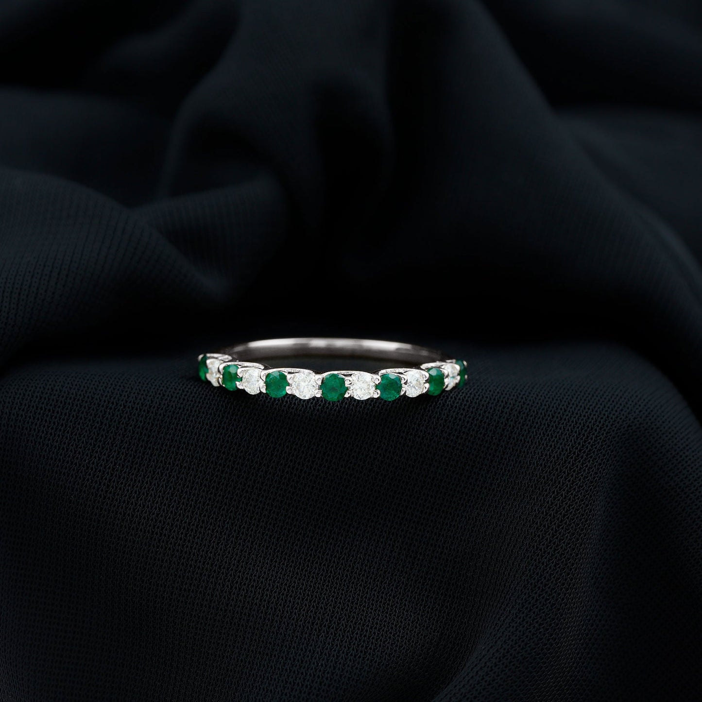 Trellis Set Round Emerald and Diamond Half Eternity Ring