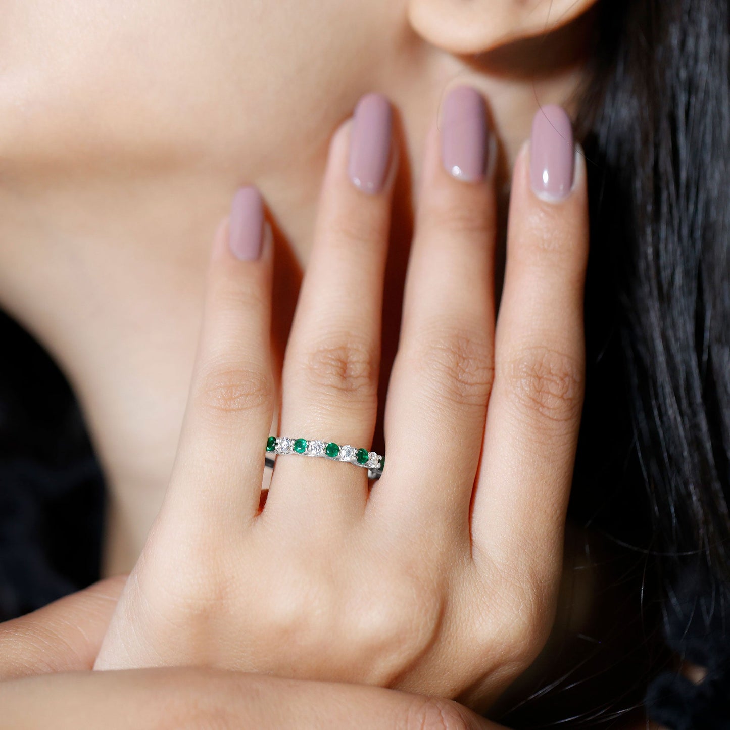 Trellis Set Round Emerald and Diamond Half Eternity Ring