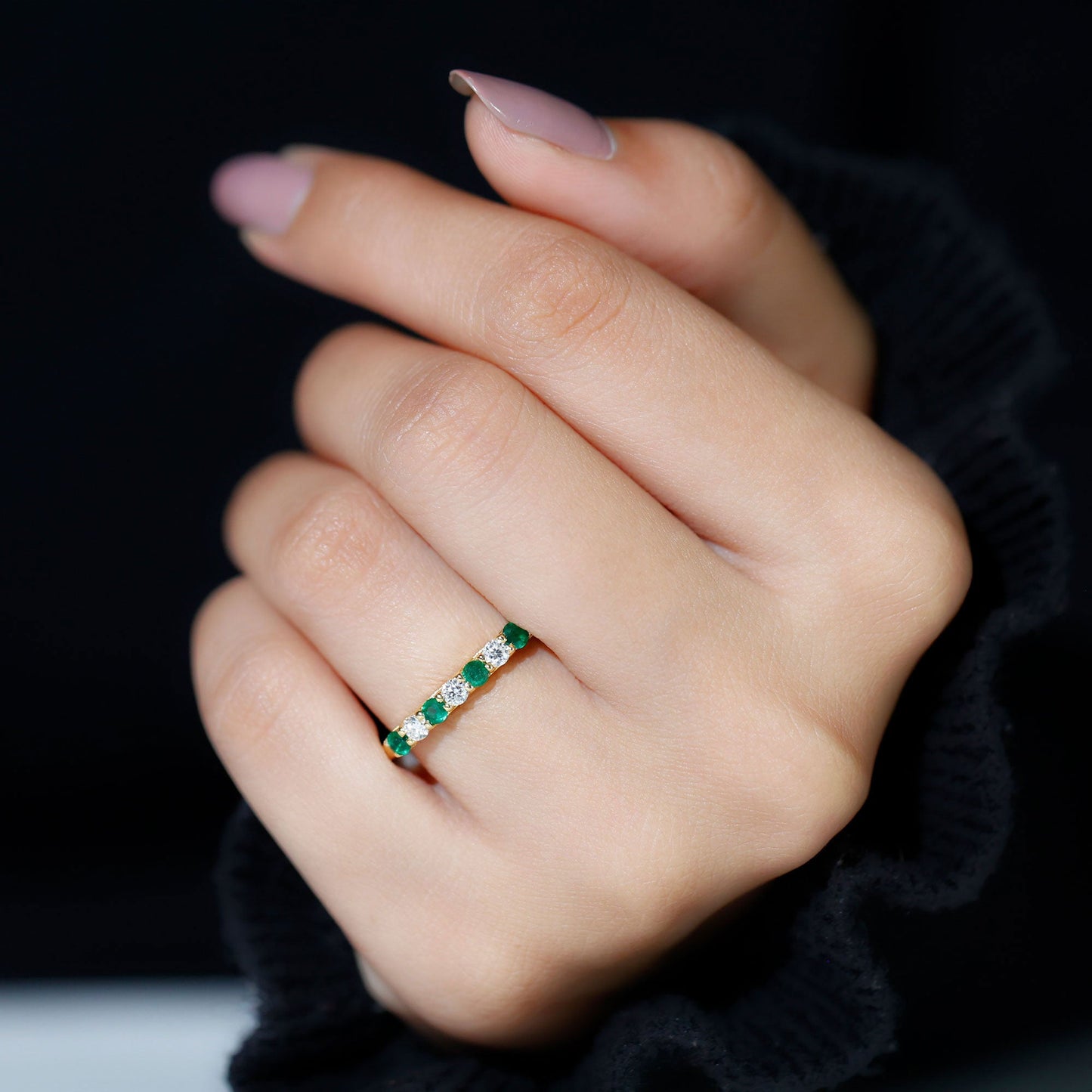 Trellis Set Round Emerald and Diamond Half Eternity Ring