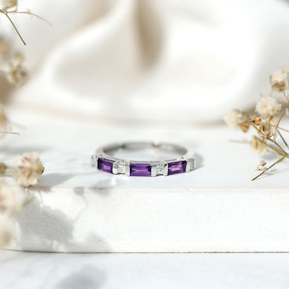 Natural Baguette Amethyst Promise Ring with Diamond for Women