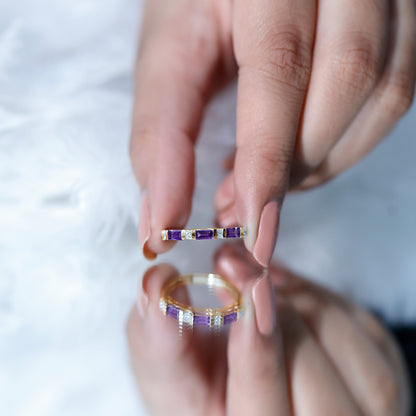 Natural Baguette Amethyst Promise Ring with Diamond for Women