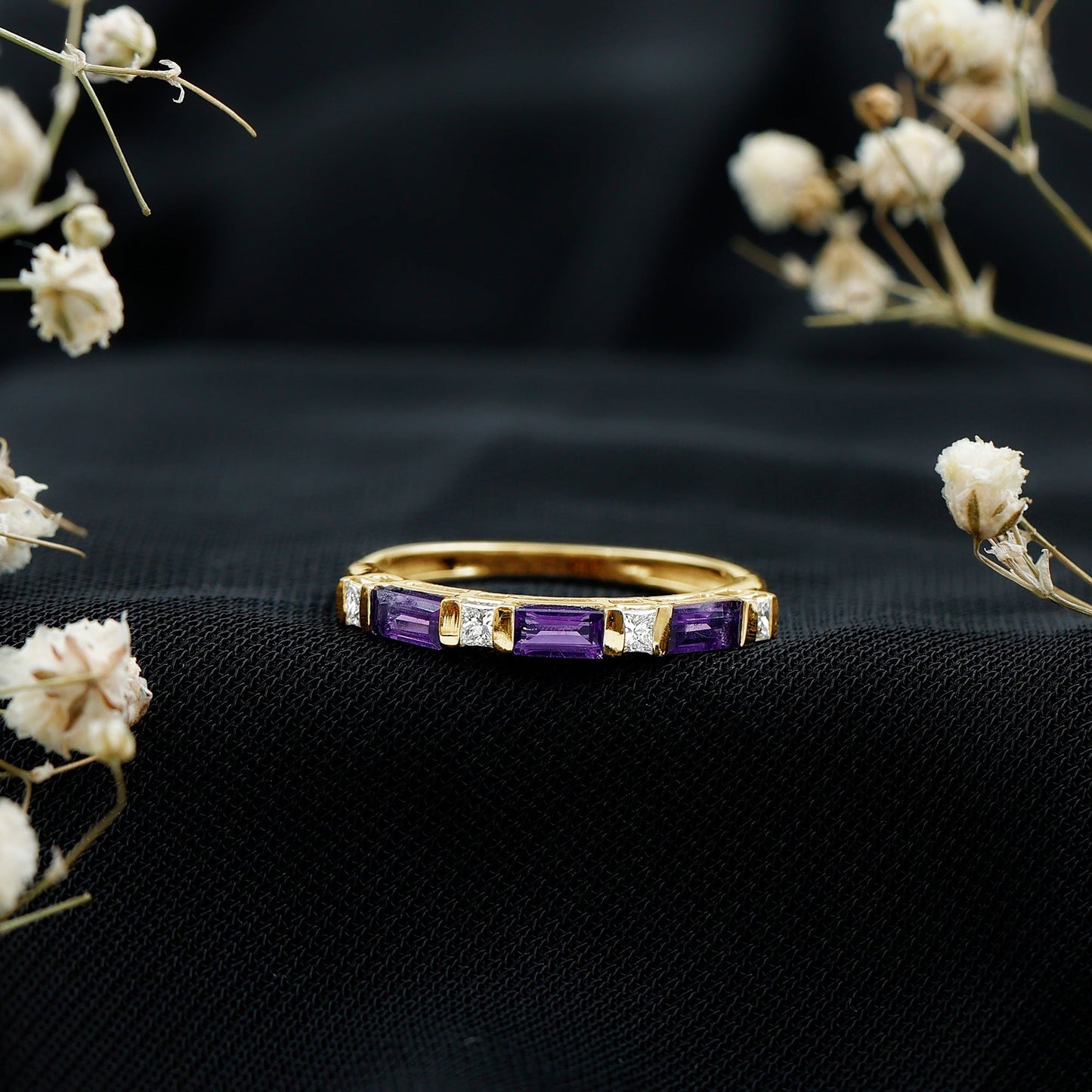 Natural Baguette Amethyst Promise Ring with Diamond for Women