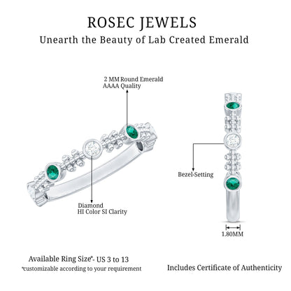 Lab Grown Emerald Diamond Half Eternity Ring with Beaded Detailing