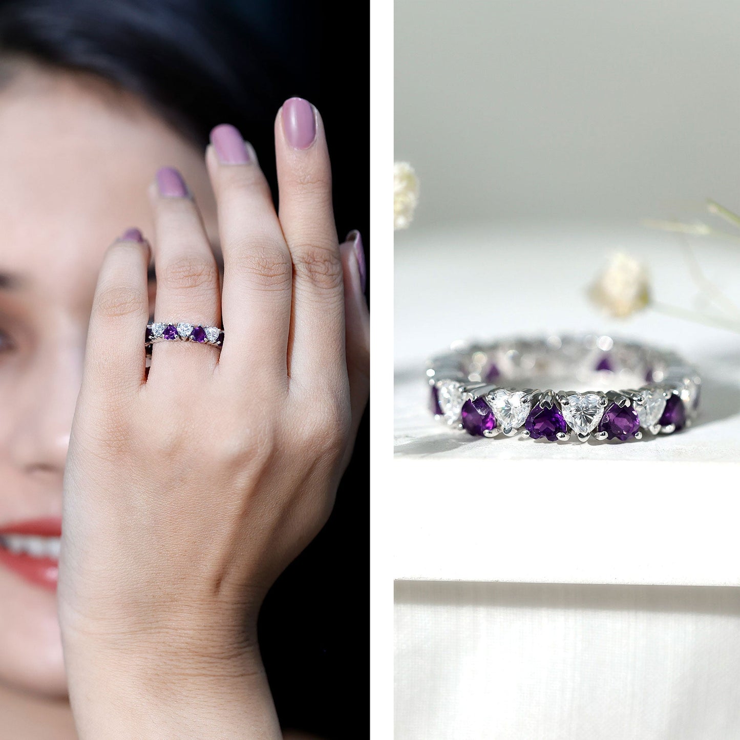 Certified Natural Amethyst Heart Eternity Ring with Moissanite