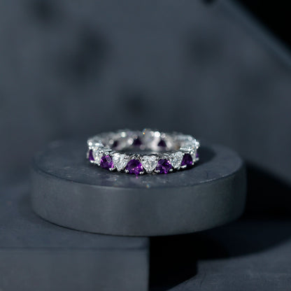 Certified Natural Amethyst Heart Eternity Ring with Moissanite