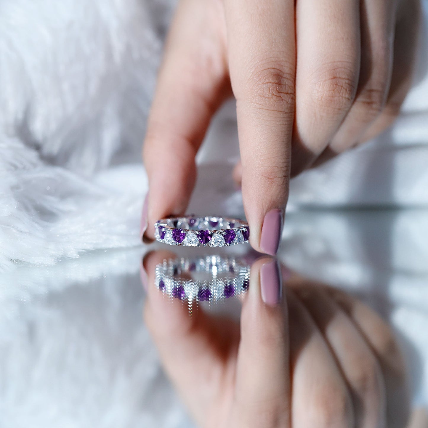 Certified Natural Amethyst Heart Eternity Ring with Moissanite