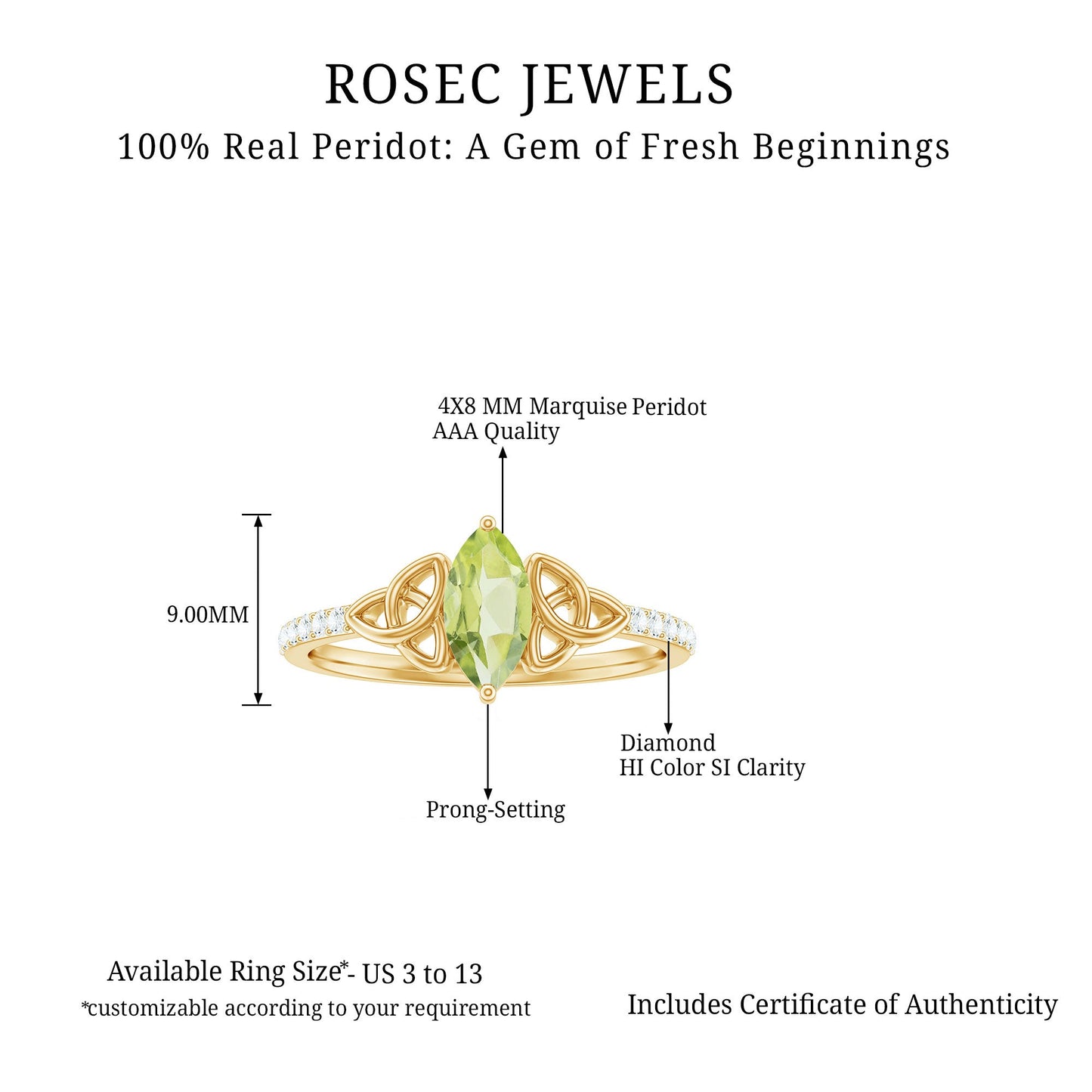 Natural 0.7 Carat Peridot Diamond Marquise Engagement Ring with Celtic Knot