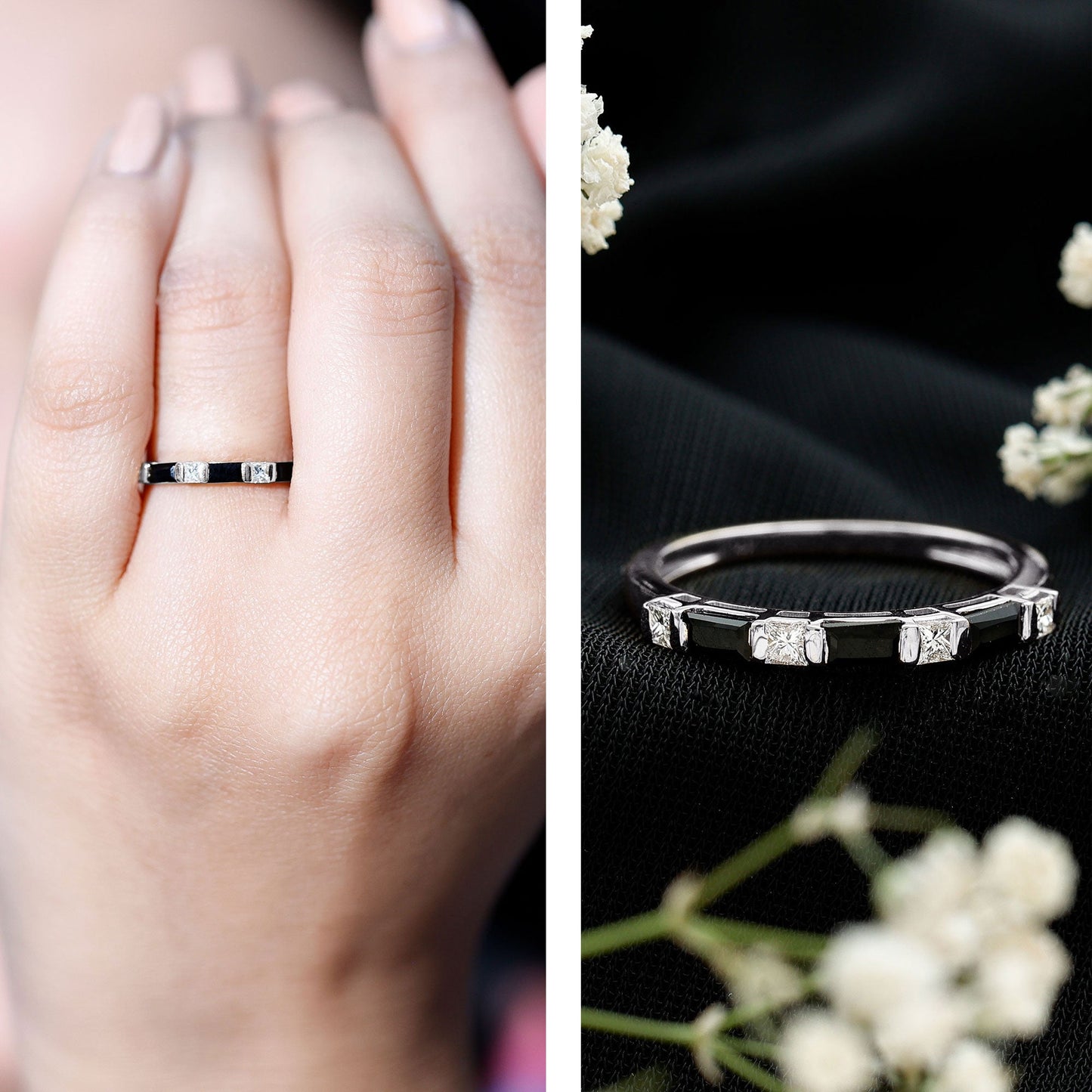 Bar Set Black Onyx and Diamond Half Eternity Wedding Band