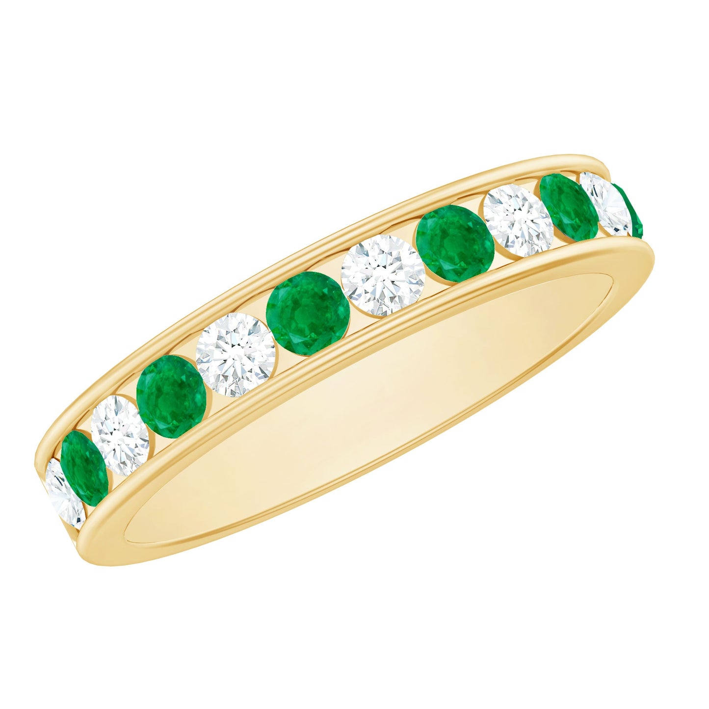Channel Set Emerald and Diamond Half Eternity Band Ring