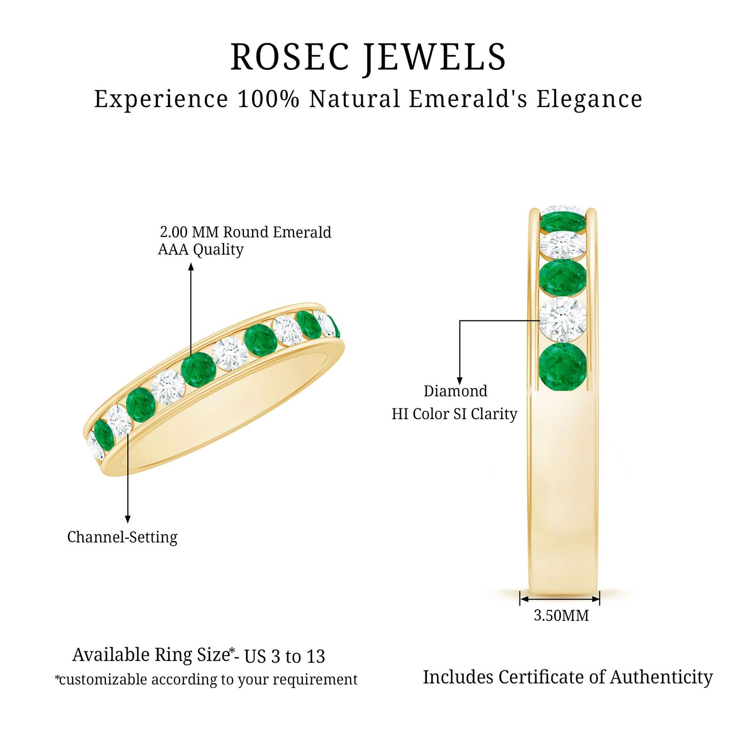 Channel Set Emerald and Diamond Half Eternity Band Ring