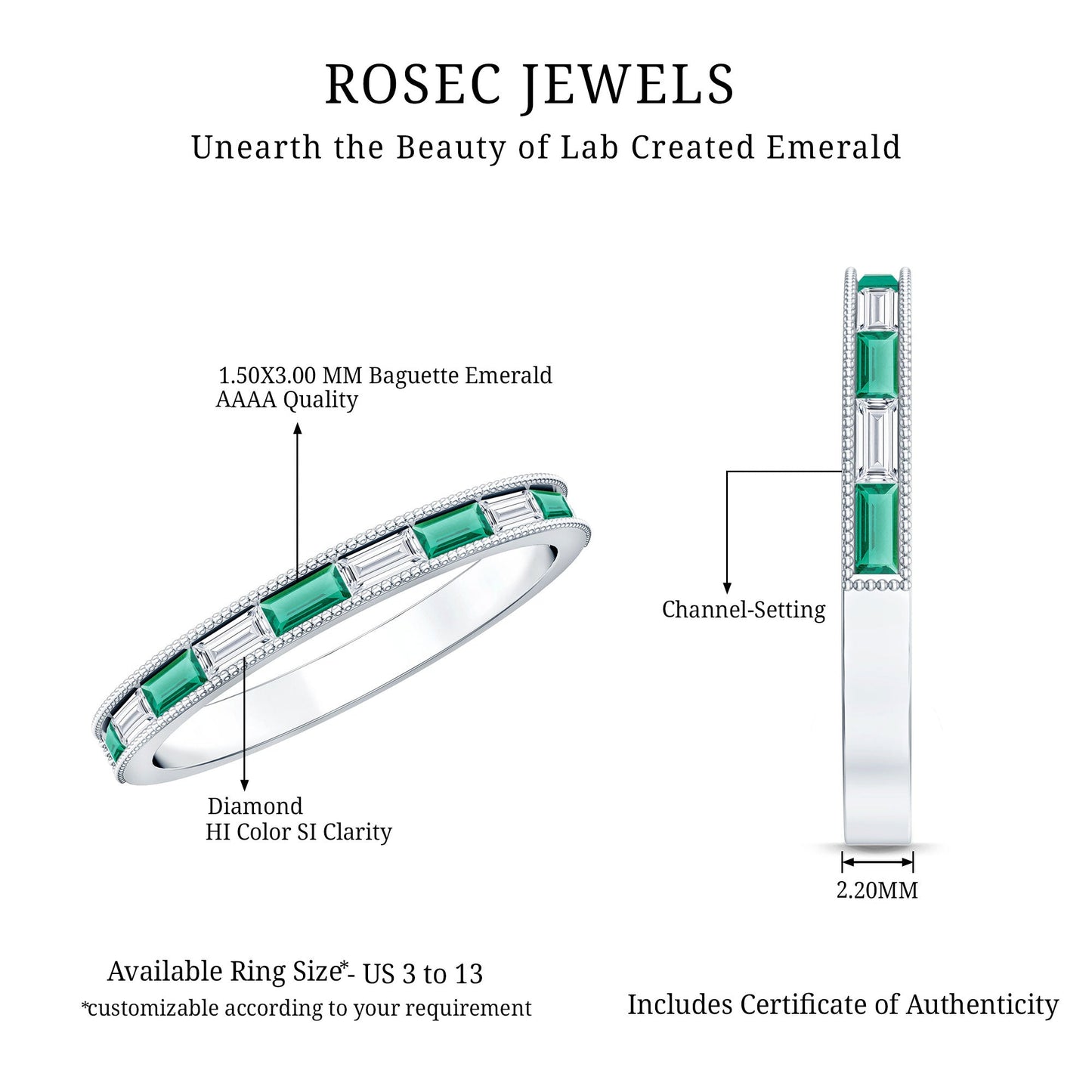 Baguette Cut Lab Grown Emerald and Diamond Band Ring