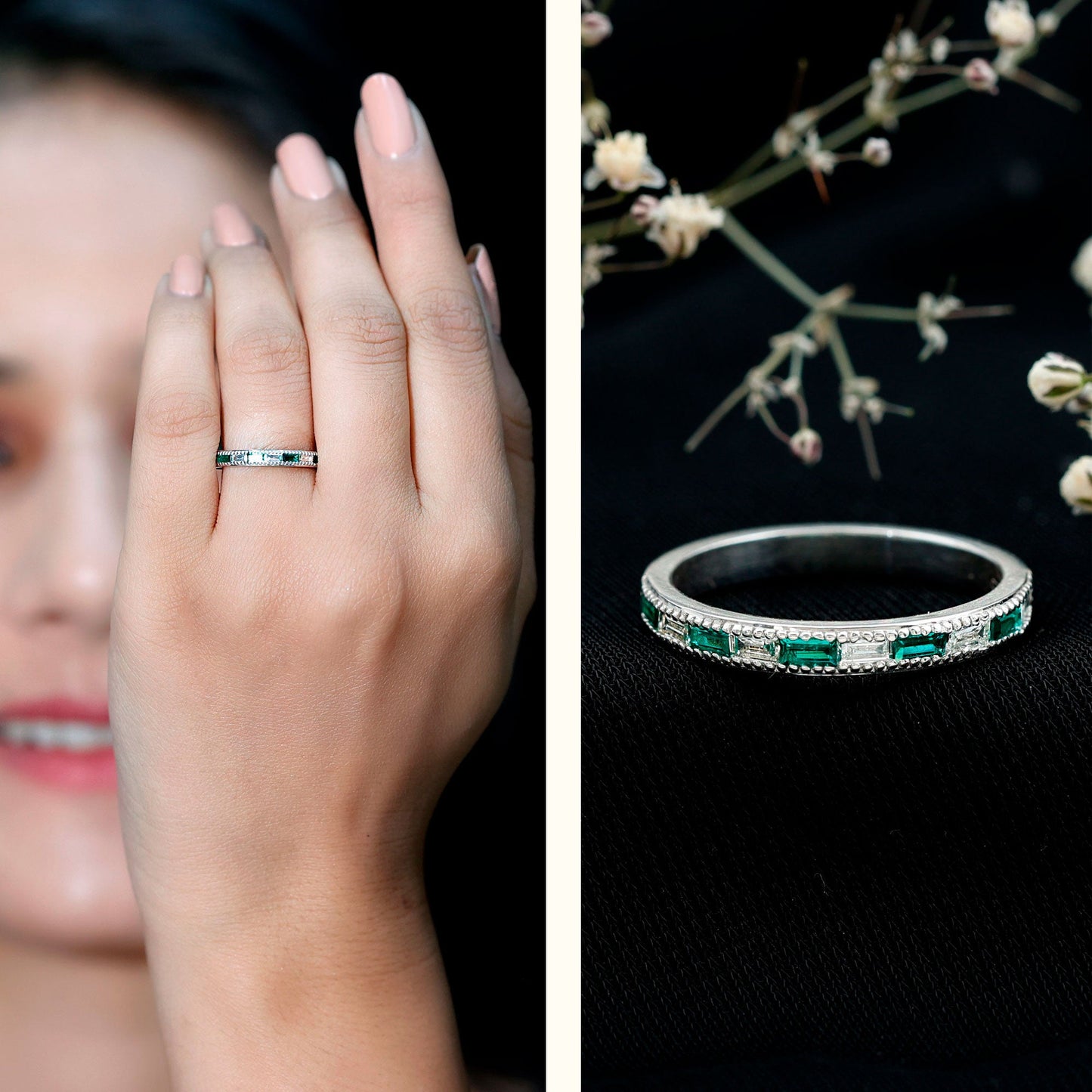 Baguette Cut Lab Grown Emerald and Diamond Band Ring
