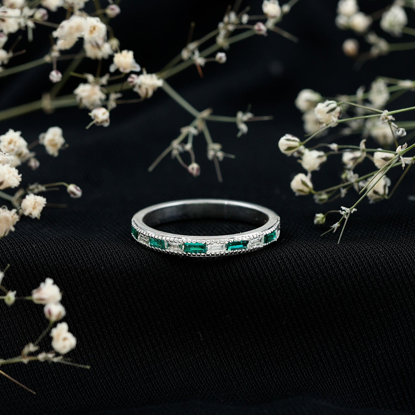 Baguette Cut Lab Grown Emerald and Diamond Band Ring