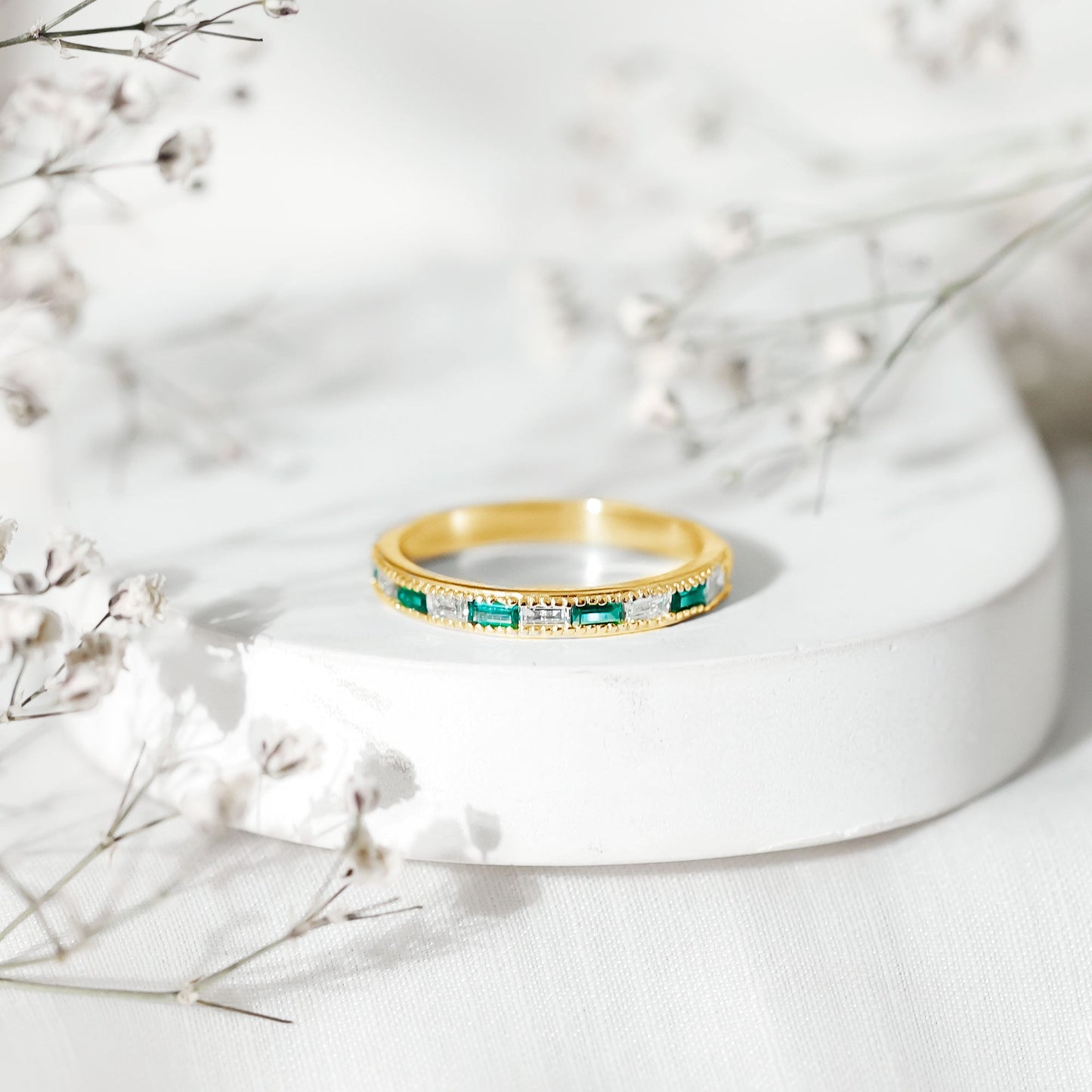 Baguette Cut Lab Grown Emerald and Diamond Band Ring