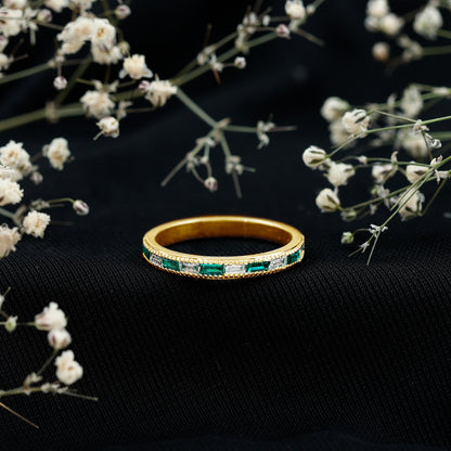 Baguette Cut Lab Grown Emerald and Diamond Band Ring