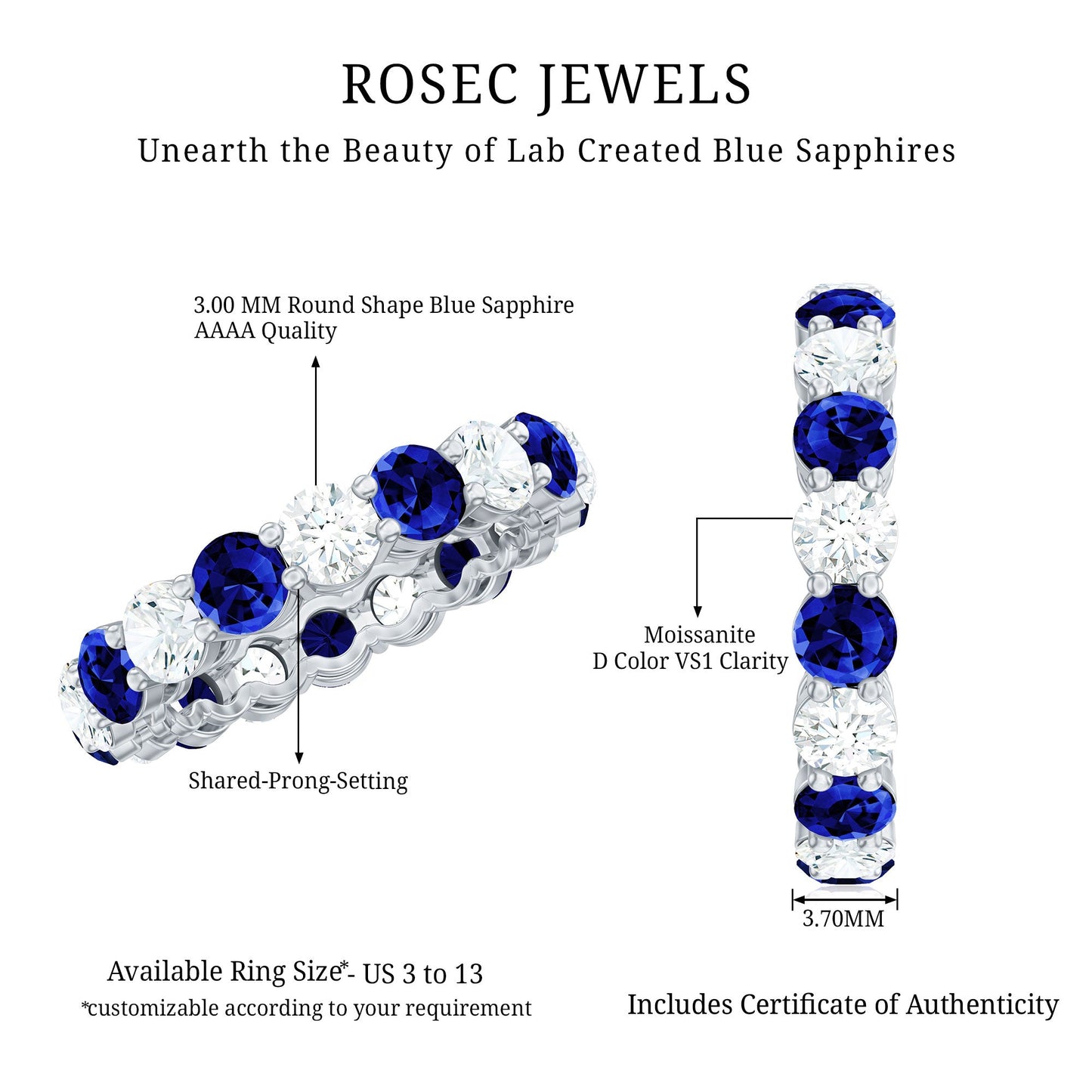 Certified Round Lab Grown Blue Sapphire Eternity Band Ring with Moissanite