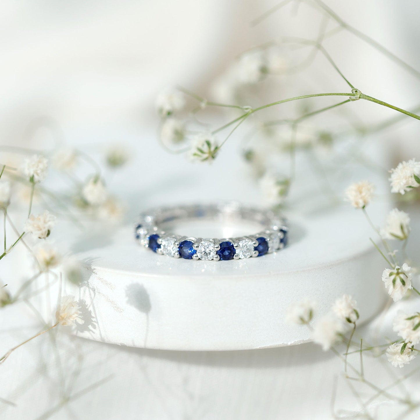 Certified Round Lab Grown Blue Sapphire Eternity Band Ring with Moissanite