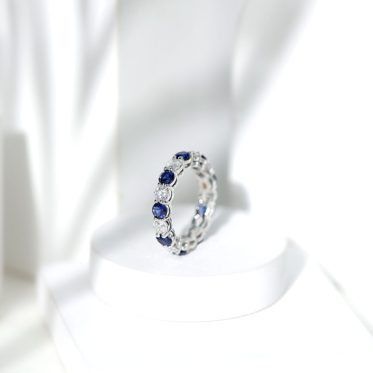 Certified Round Lab Grown Blue Sapphire Eternity Band Ring with Moissanite