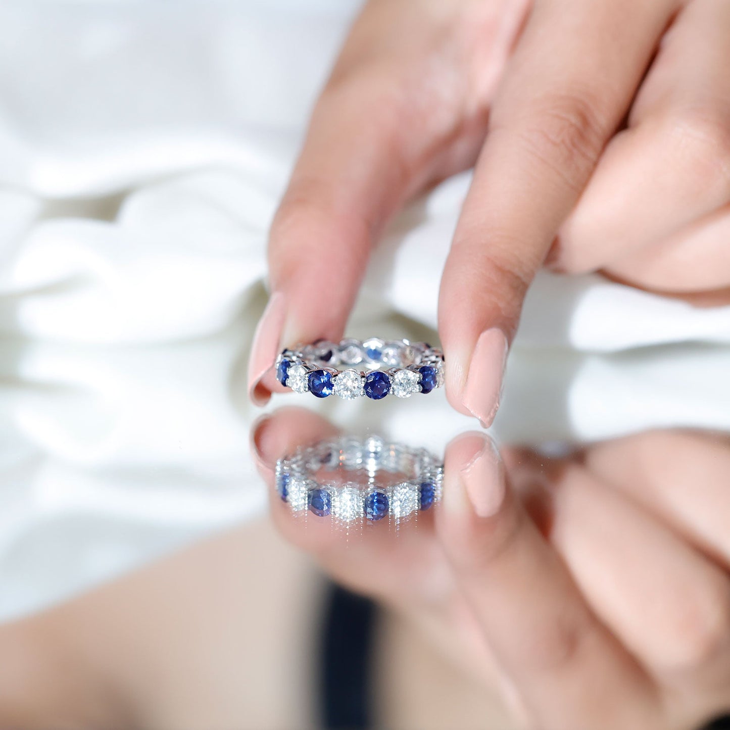 Certified Round Lab Grown Blue Sapphire Eternity Band Ring with Moissanite