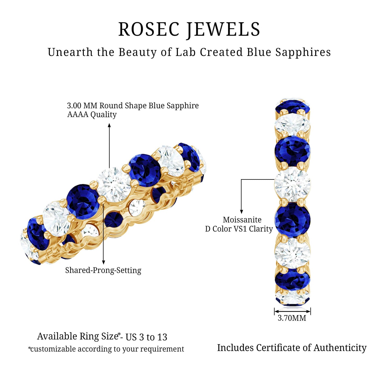Certified Round Lab Grown Blue Sapphire Eternity Band Ring with Moissanite
