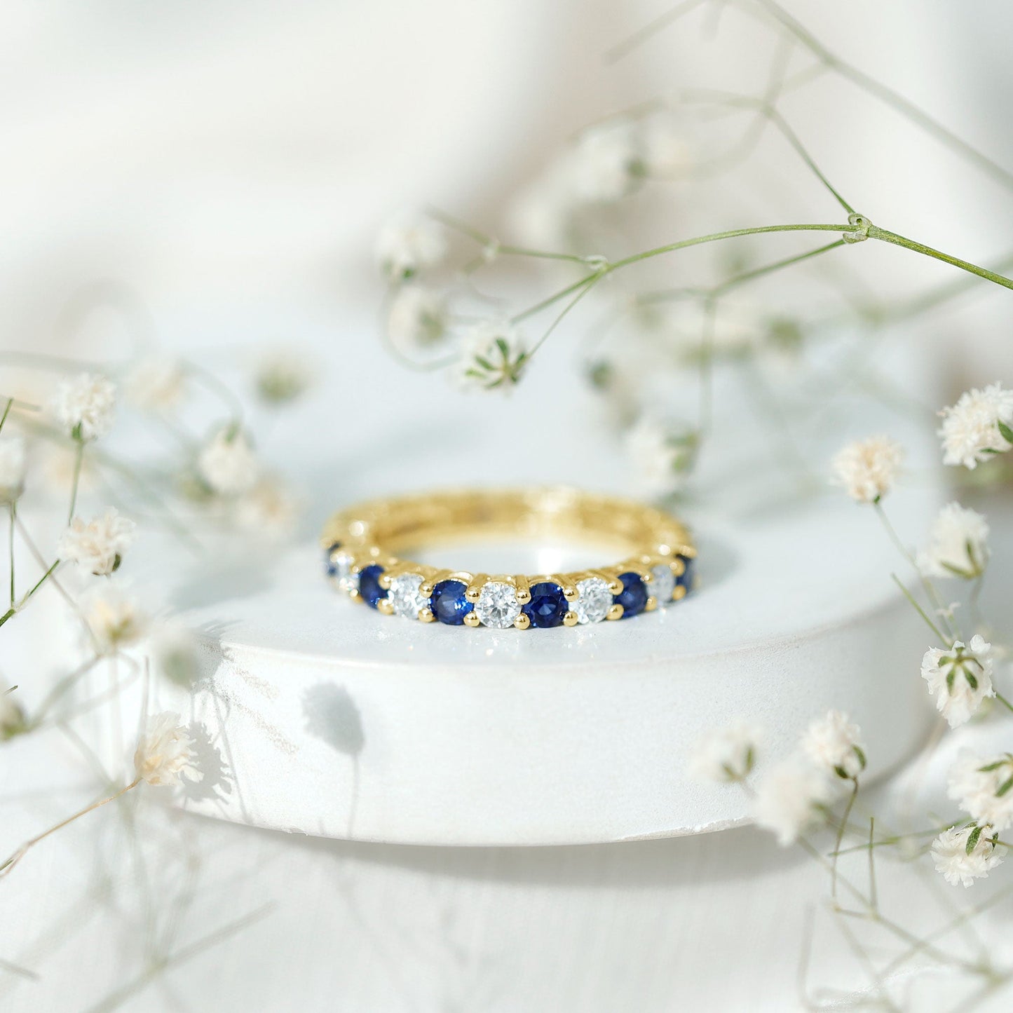 Certified Round Lab Grown Blue Sapphire Eternity Band Ring with Moissanite