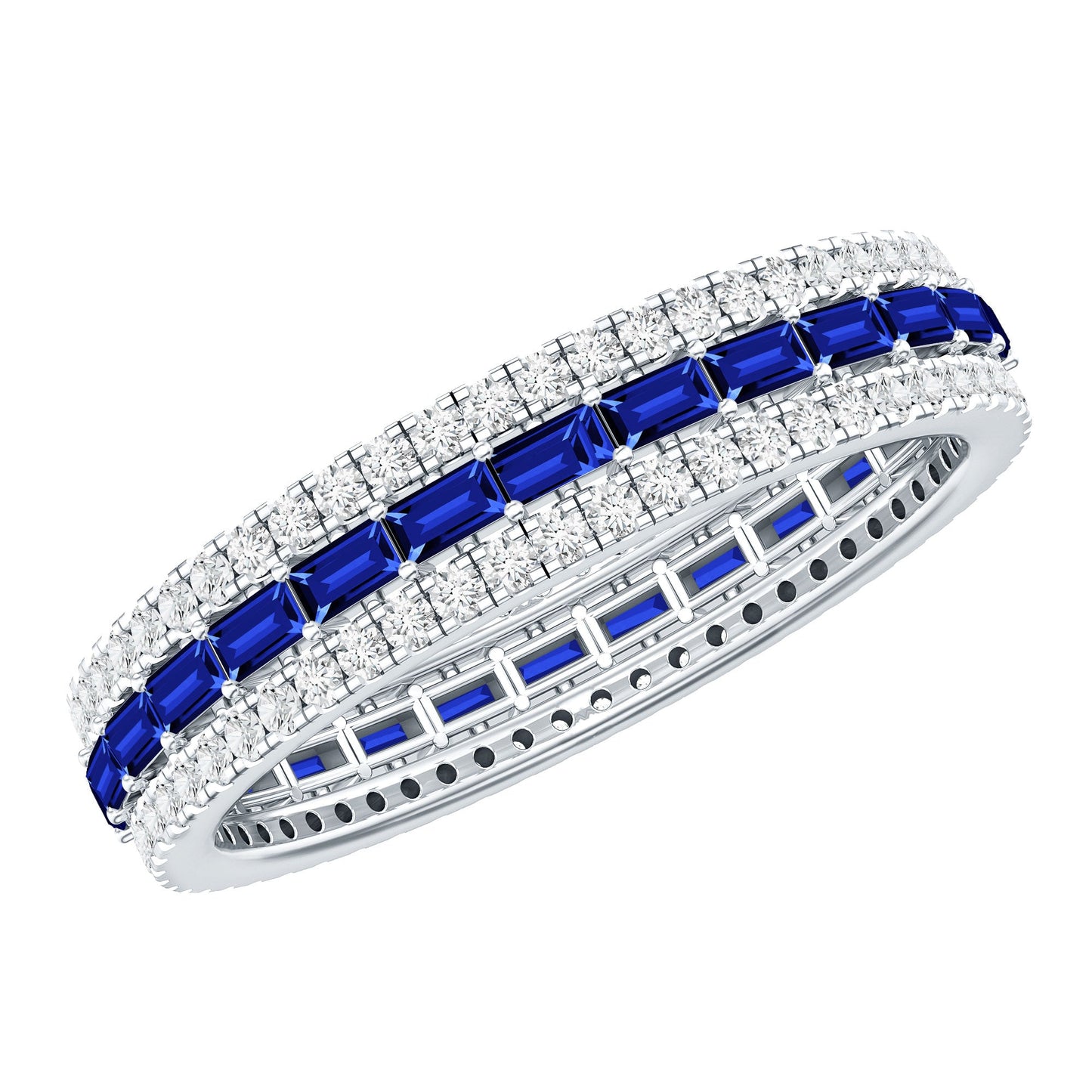 Baguette Cut Lab Grown Blue Sapphire and Moissanite Wedding Band