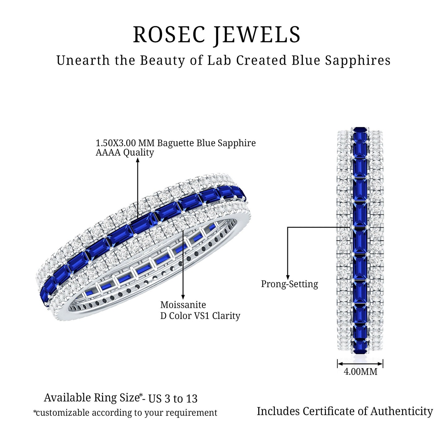Baguette Cut Lab Grown Blue Sapphire and Moissanite Wedding Band