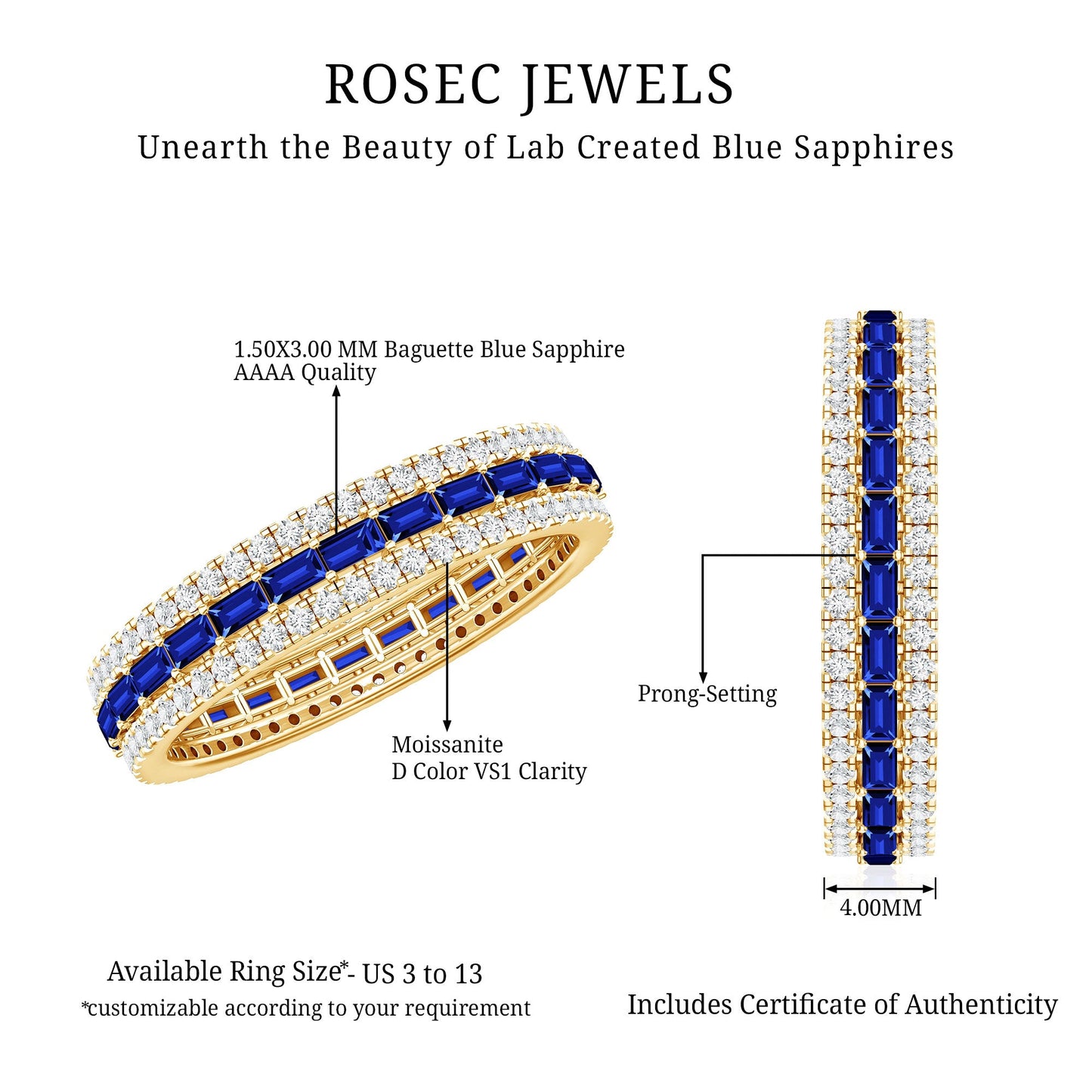 Baguette Cut Lab Grown Blue Sapphire and Moissanite Wedding Band