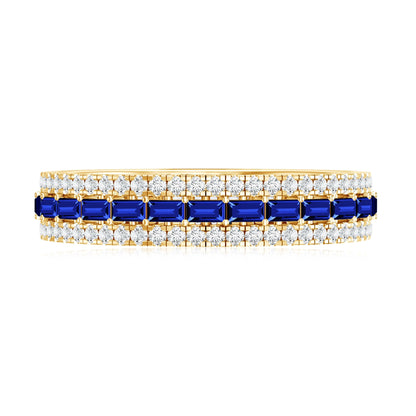 Baguette Cut Lab Grown Blue Sapphire and Moissanite Wedding Band