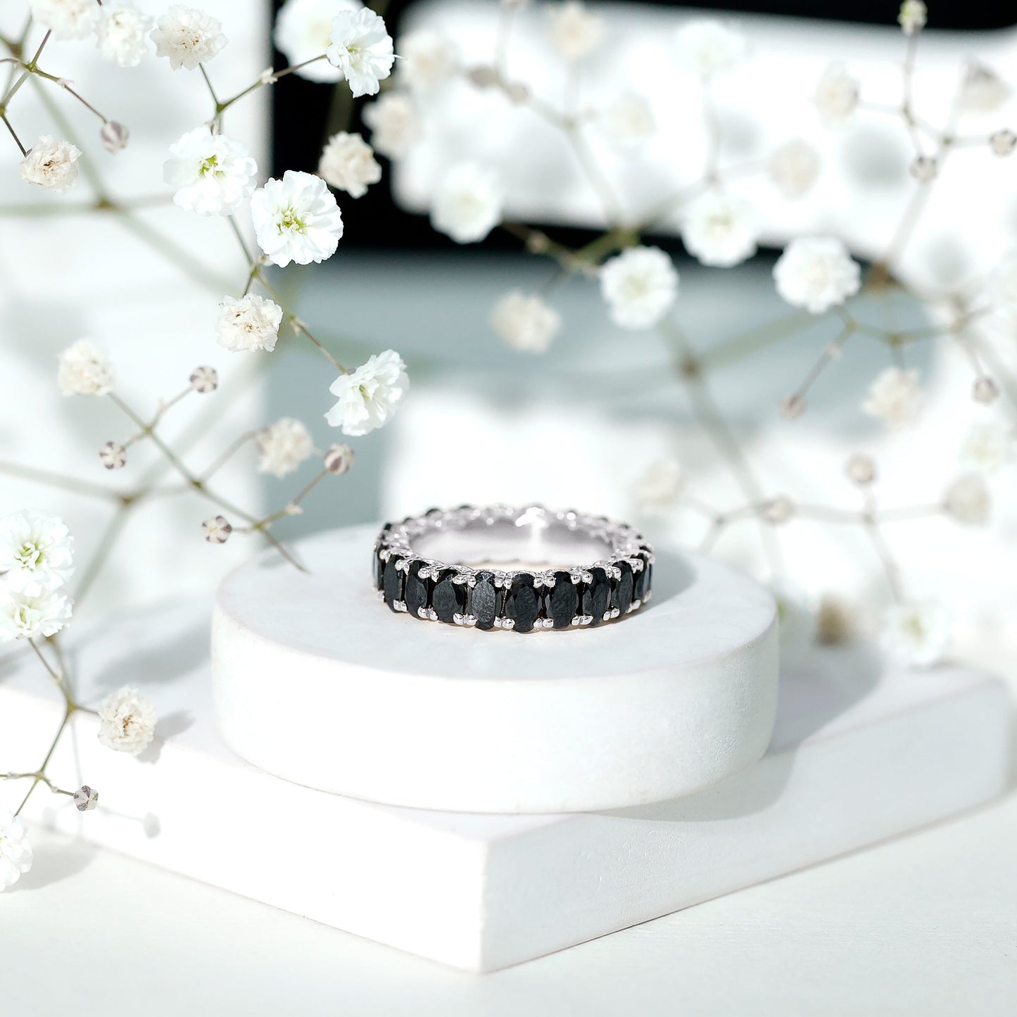 Oval Shaped Black Onyx Wedding Band for Women