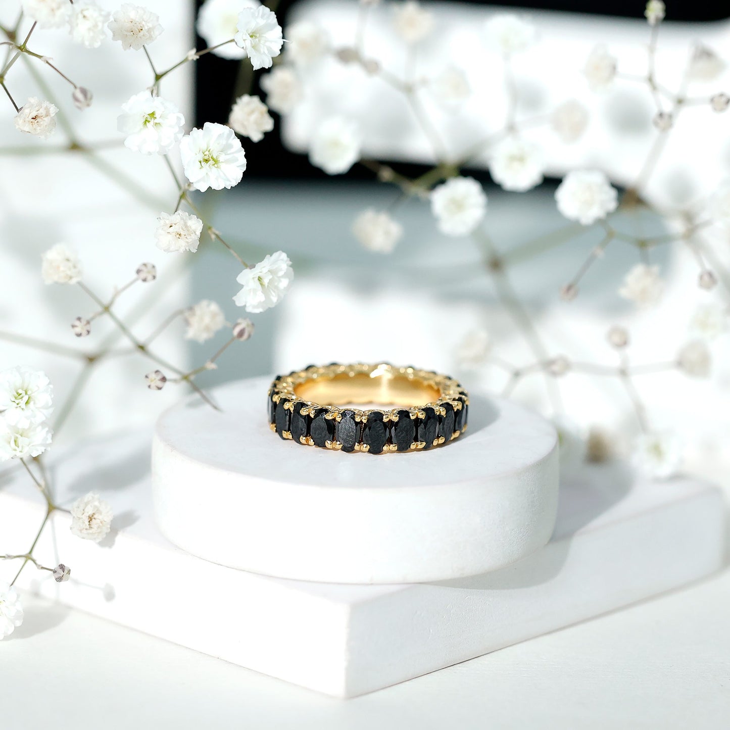 Oval Shaped Black Onyx Wedding Band for Women