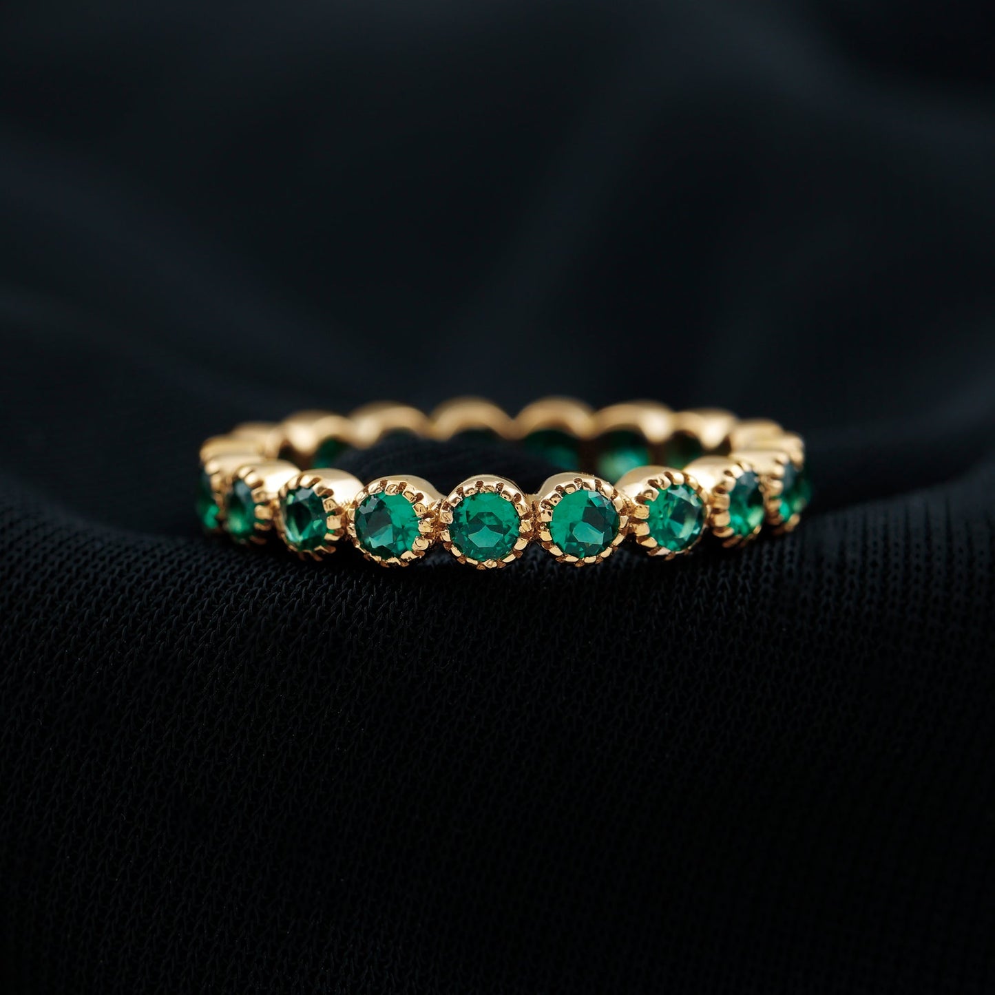 Certified Lab Created Emerald Full Eternity Band Ring in Bezel Setting